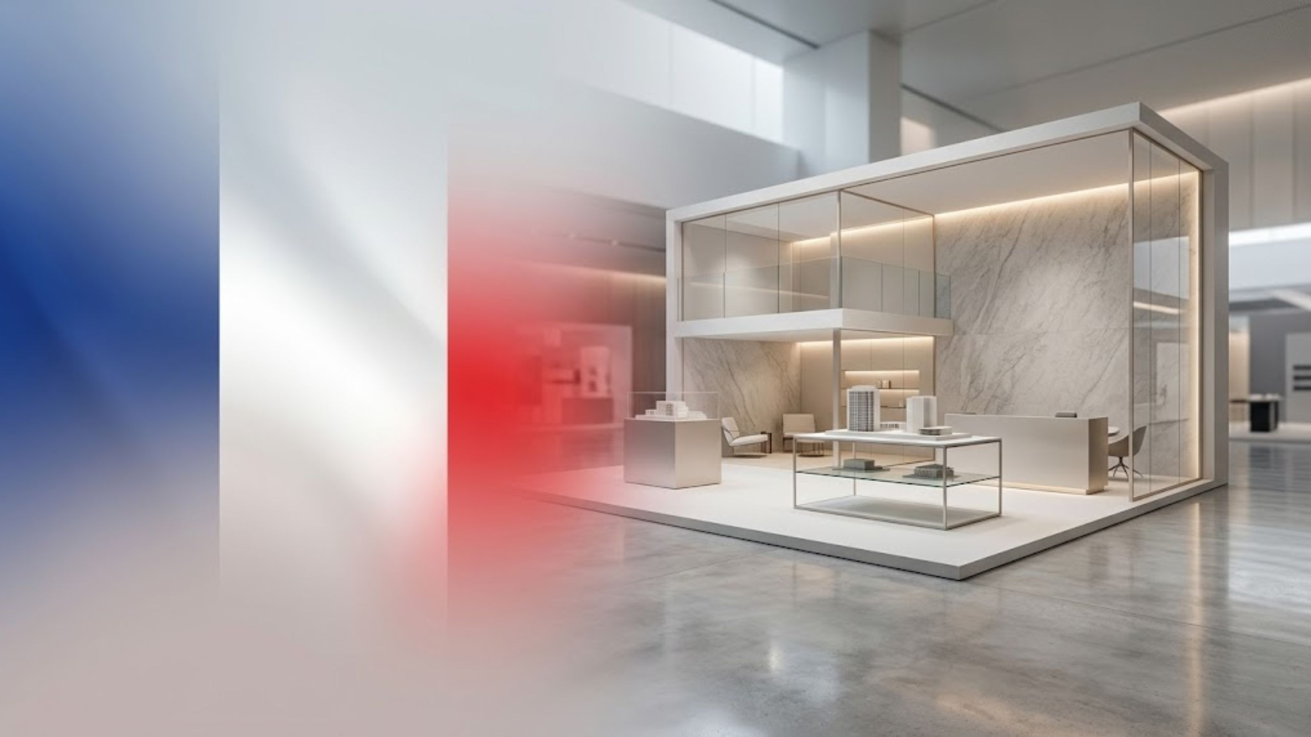 Luxury minimal exhibition stall with France flag gradient smoothly blending into an elegant trade show booth design, no people