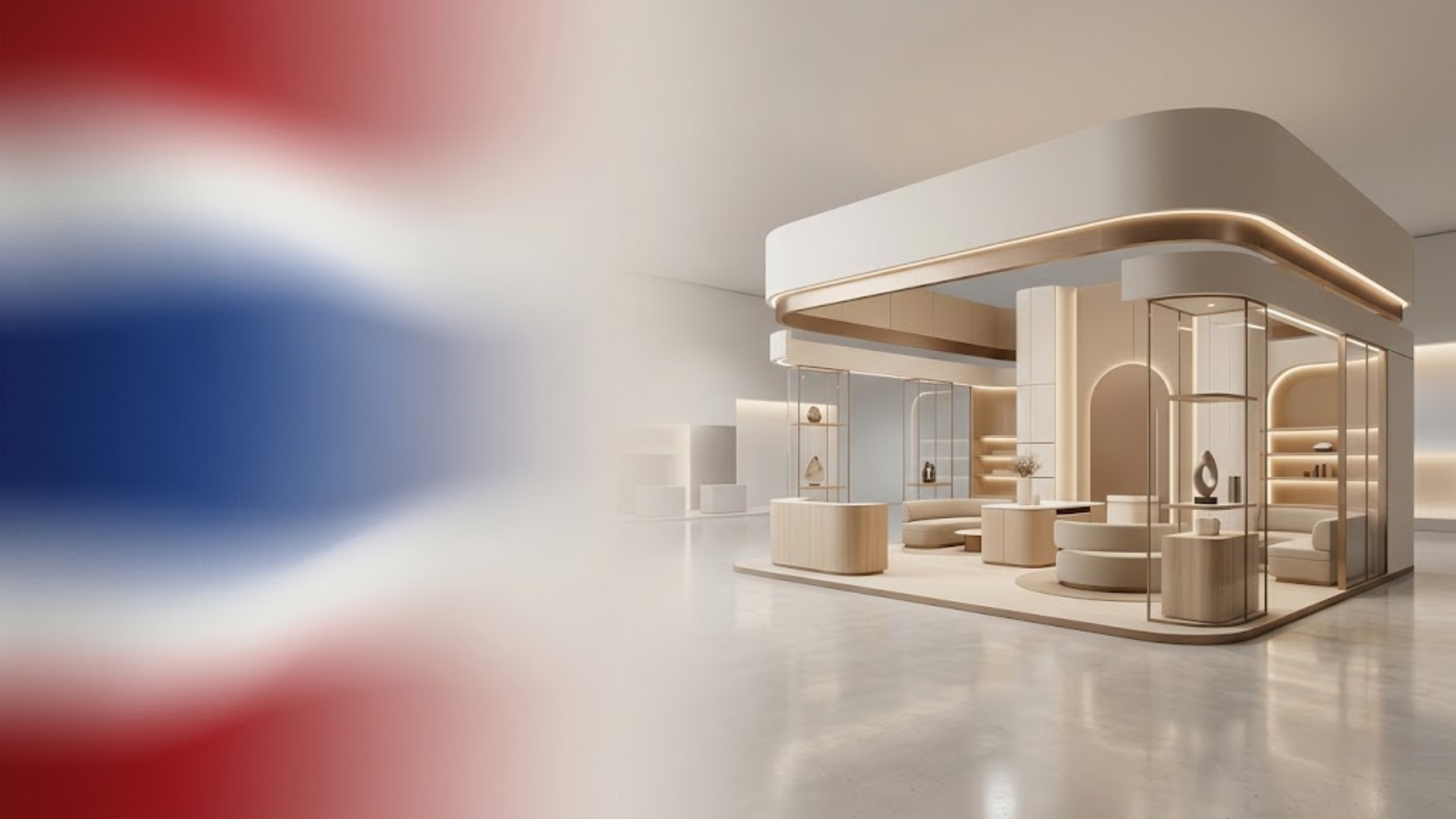 Calm luxury exhibition stall with Thailand flag gradient smoothly blending into a modern trade show booth design, no people