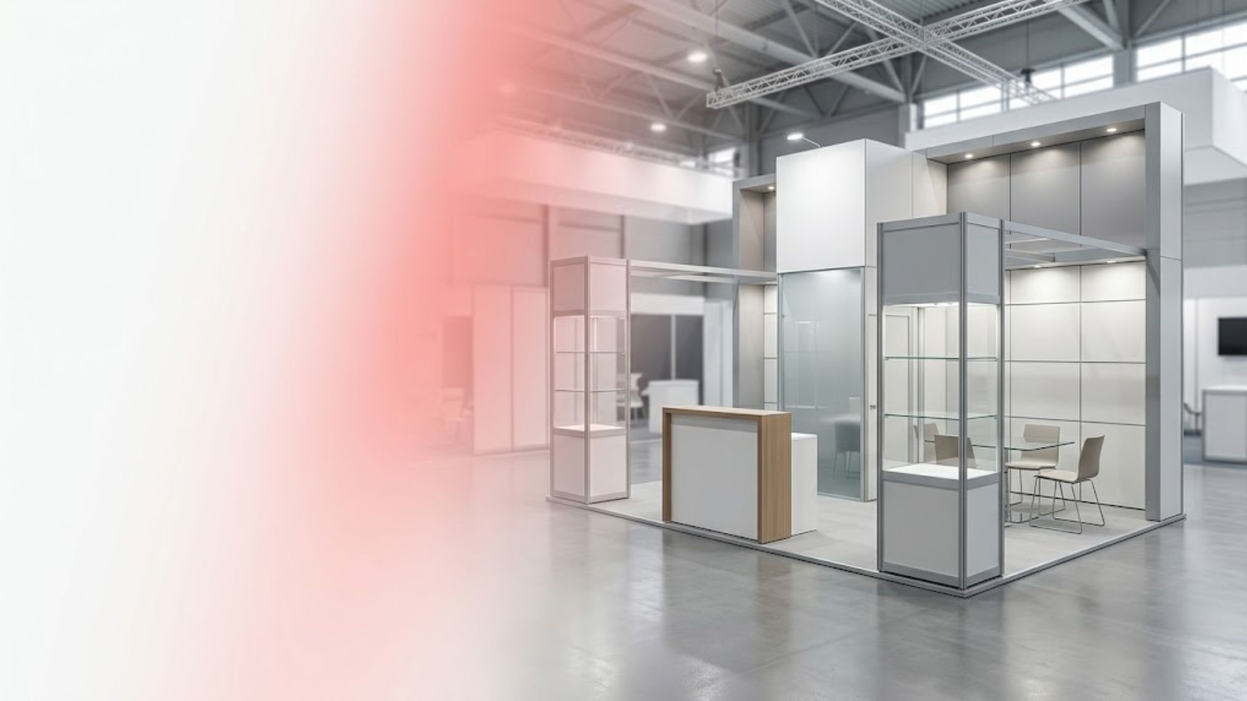 Clean corporate exhibition stall with Canada flag gradient smoothly blending into a modern trade show booth design, no people