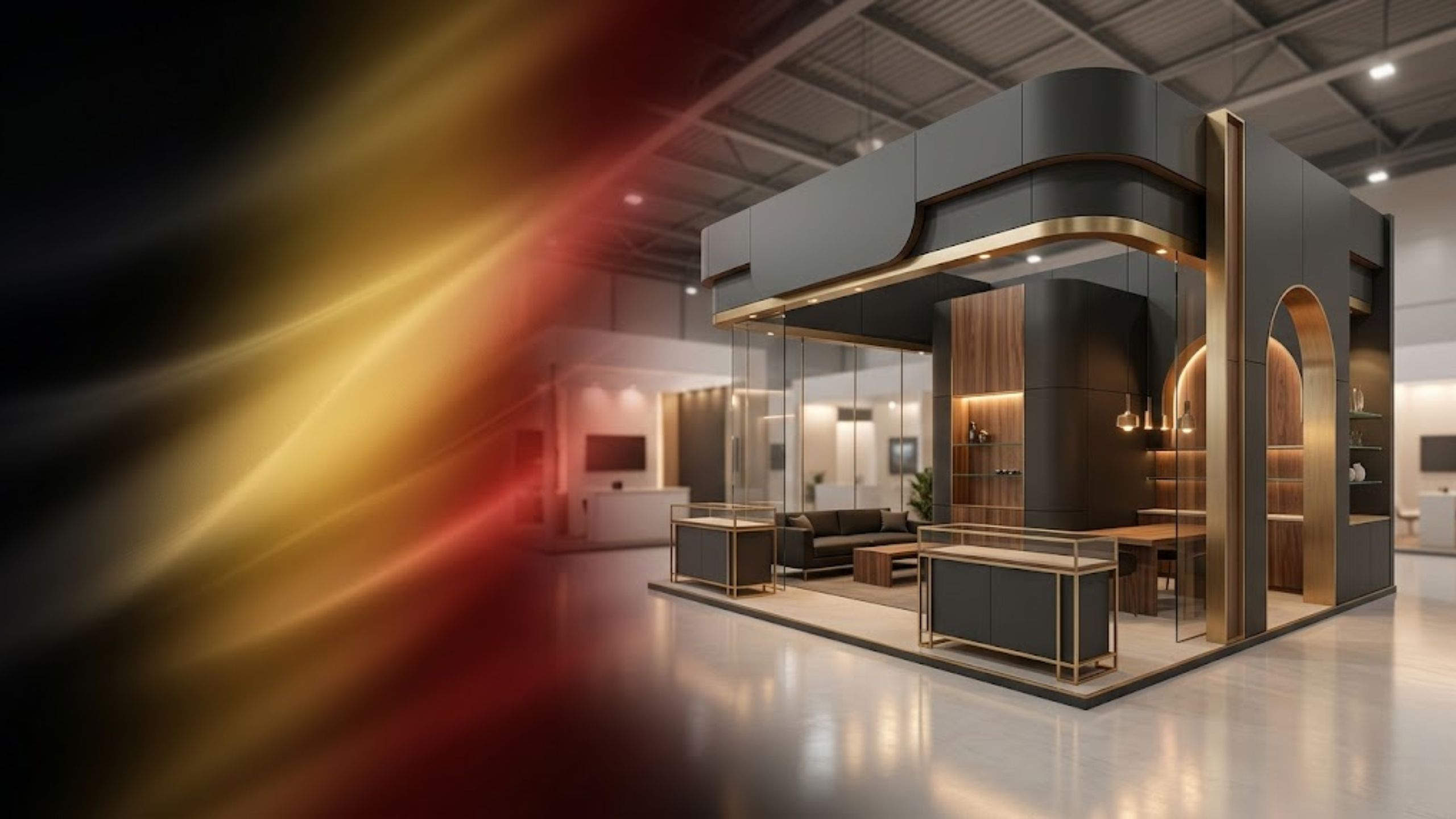 Elegant European exhibition stall with Belgium flag gradient smoothly blending into a premium trade show booth design, no people
