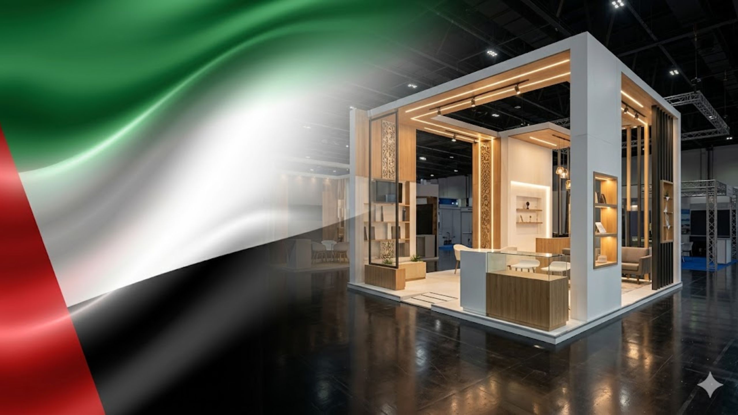 Luxury exhibition stall with UAE flag gradient smoothly merging into a high-end trade show booth in a modern expo hall, no people