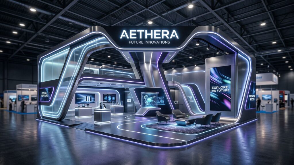 Premium exhibition stall design with modern lighting and custom fabrication at international trade show