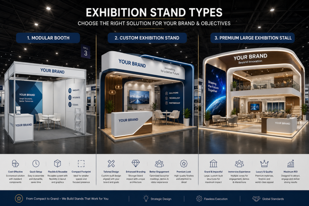 Types of exhibition stands in India including modular, custom, and premium booth designs