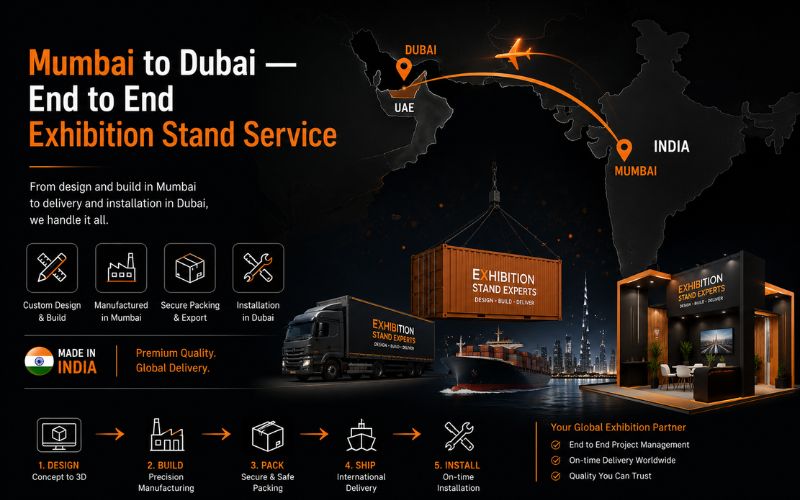 Exhibition stand delivery from Mumbai India to Dubai — best exhibition stand builder Dubai Unievents Services