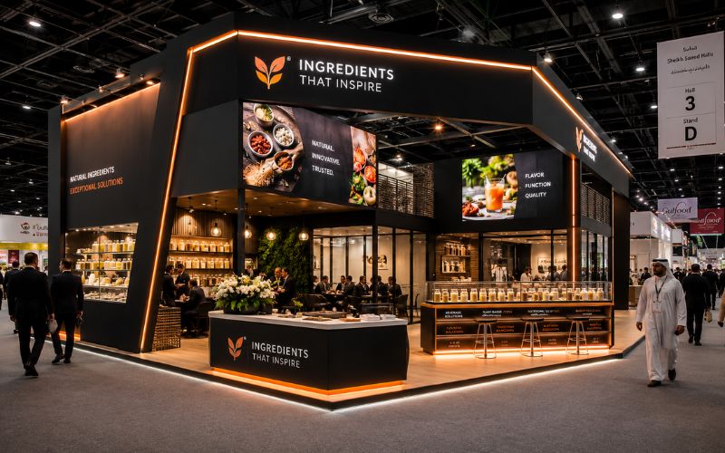 Custom food industry exhibition stand design for Gulfood Manufacturing 2026 DWTC Dubai by Unievents