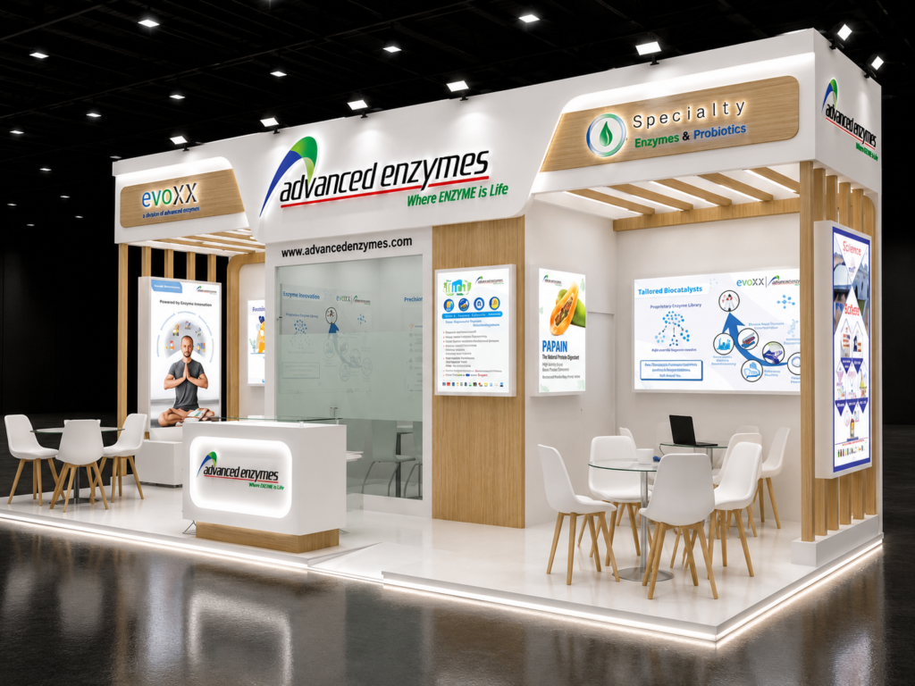 Exhibition stall design for CPHI Barcelona by ADVANCED ENZYMES by Unievents Services Pvt Ltd