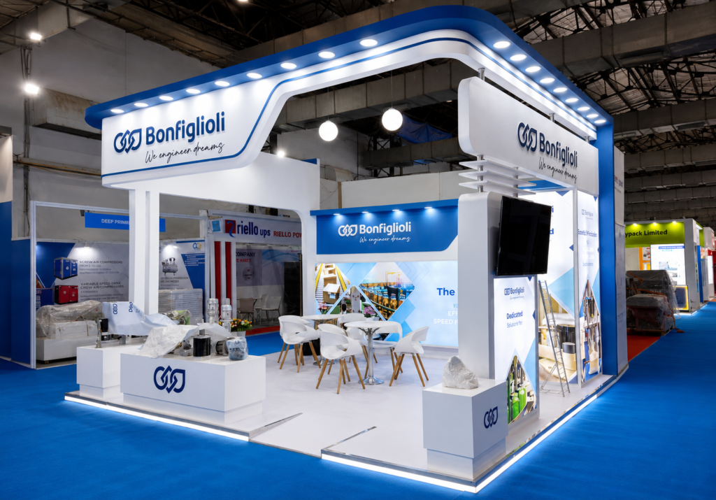 Exhibition stall design for PackEx Exhibition by BONFIGLIOLI by Unievents Services Pvt Ltd