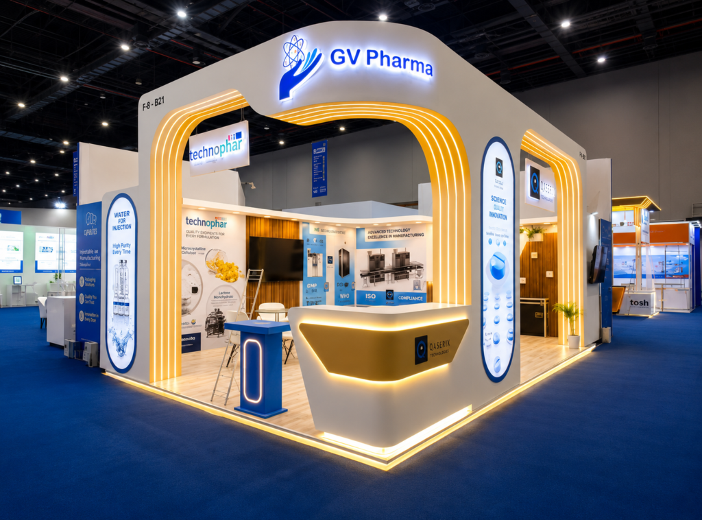 Exhibition stall design for PHARMA PROPACK 2025 by GV PHARMA by Unievents Services Pvt Ltd