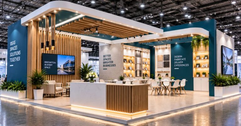 Exhibition booth design with a single focal point and meeting corner
