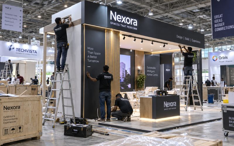Modular aluminium exhibition stall frame with printed fabric panels