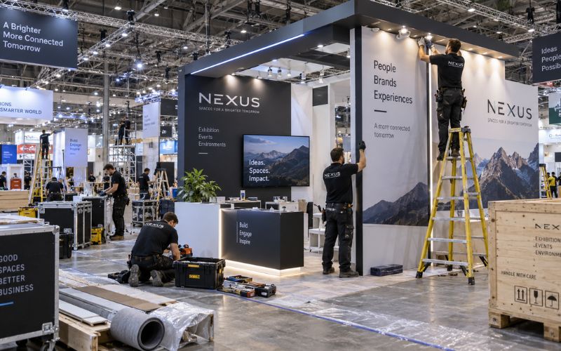 Spot lighting and lit logo on an exhibition booth design