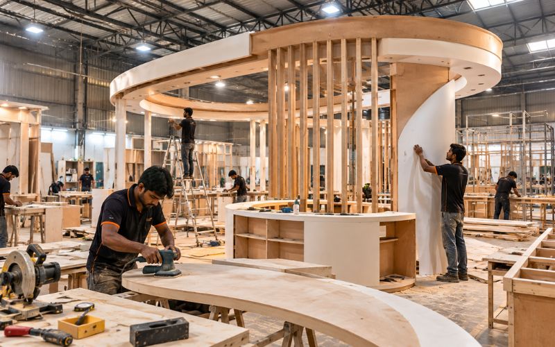 Comparing past exhibition booth projects to check for repeated structures