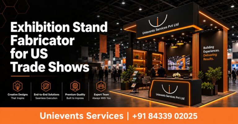 Exhibition stand fabricator USA - custom island booth on a US trade show floor