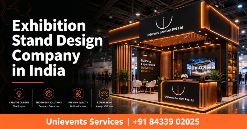 Exhibition stand design company India - custom stall in a large Indian exhibition hall