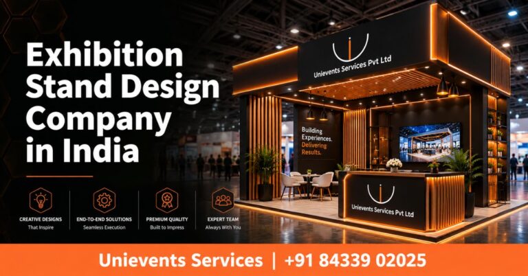 Exhibition stand design company India - custom stall in a large Indian exhibition hall